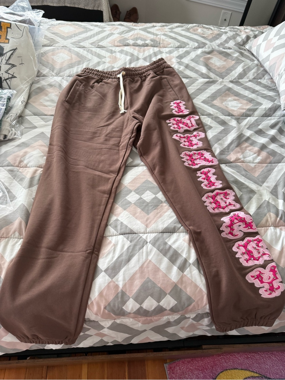 Lost Intricacy Brown Mens Sweatpants with Pink Graphic Side Detail